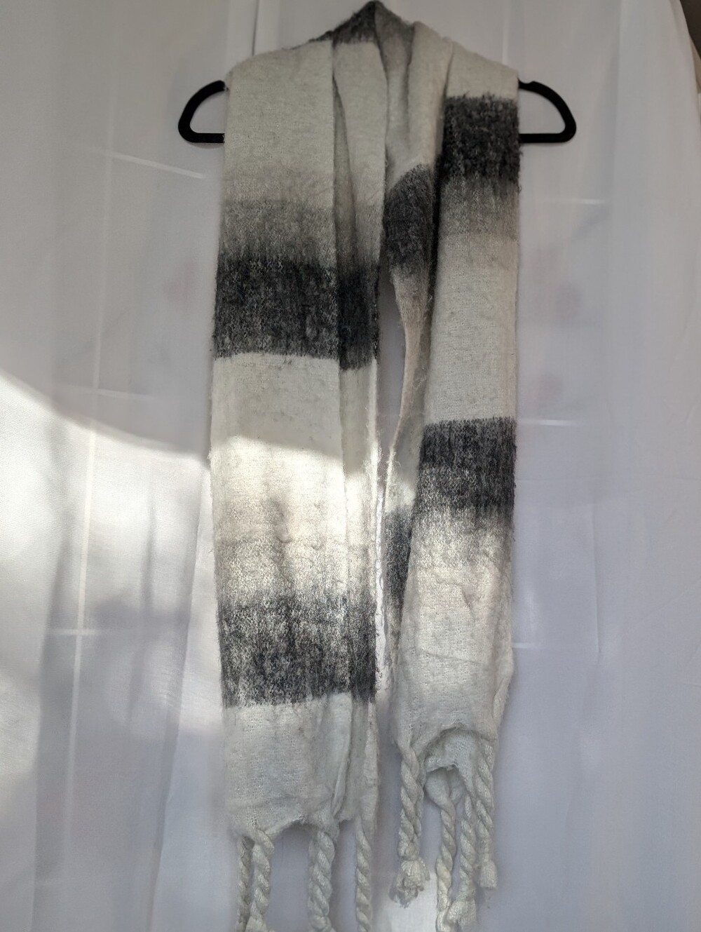 Cozy White and Gray Striped Fringe Scarf - Brand Unspecified